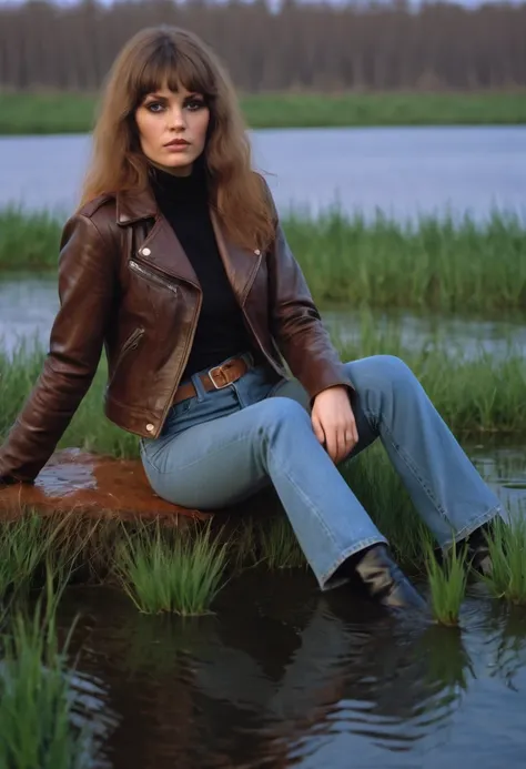 70s style shy woman in soaking wet high waisted flared jeans and leather jacket caught when indulging in her fetish while drowning in swamp