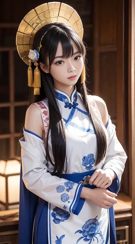 realistic, photography, high details, studio photo, Chinese girl with long hair depicted in the blue and white porcelain style, stands before a chinese element intricate background, incorporates oriental elements into her attire, showcasing clear lines and...