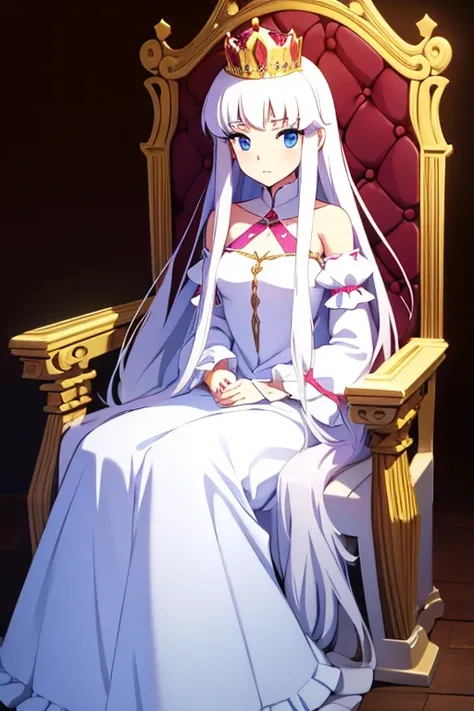 Princess girl with long white hair, 
in a long fluffy dress, sitting on the throne