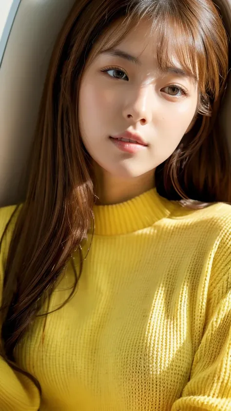 A woman wearing a lemon yellow sweater、long sleeve