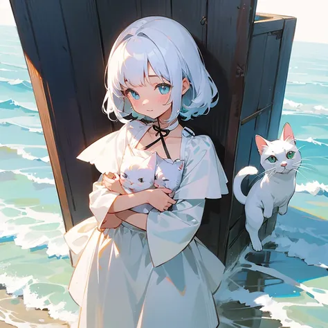 illustration kitten、cute、seaside、being held in the chest of a girl with small breasts、White cat