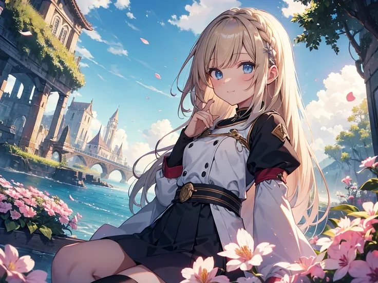 (masterpiece)++,(sweet illustration)+,detailed gradient eyes,outdoors, ((castle in the sky)), scenery, (((above the sky))), above the clouds, sunlight, 1girl, sitting, Light Blue tabard, from back, looking at viewer, medium bob, blonde hair, shiny wavy hai...