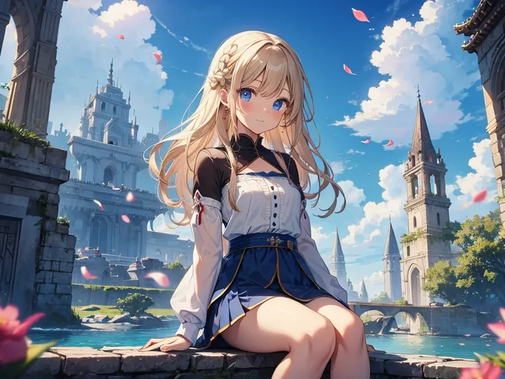 (masterpiece)++,(sweet illustration)+,detailed gradient eyes,outdoors, ((castle in the sky)), scenery, (((above the sky))), above the clouds, sunlight, 1girl, sitting, Light Blue tabard, from back, looking at viewer, medium bob, blonde hair, shiny wavy hai...