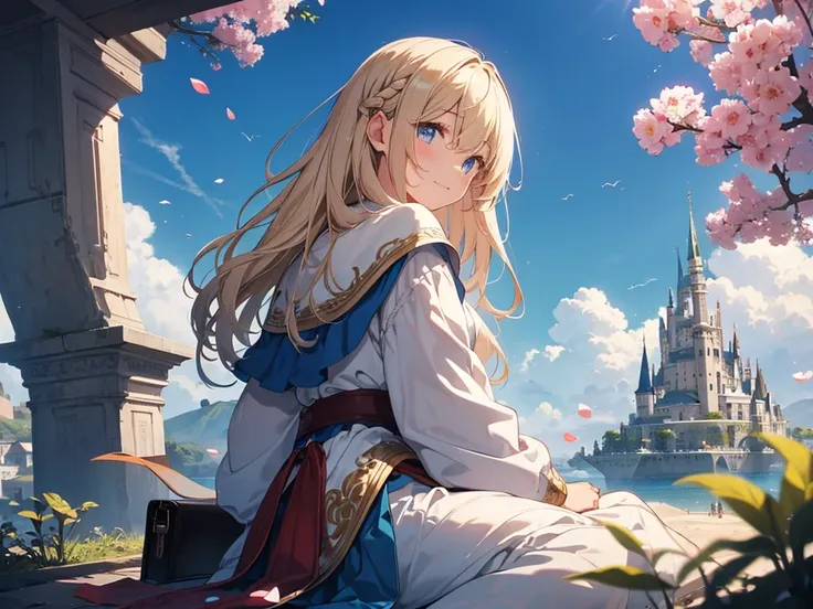 (masterpiece)++,(sweet illustration)+,detailed gradient eyes,outdoors, ((castle in the sky)), scenery, (((above the sky))), above the clouds, sunlight, 1girl, sitting, Light Blue tabard, from back, looking at viewer, medium bob, blonde hair, shiny wavy hai...