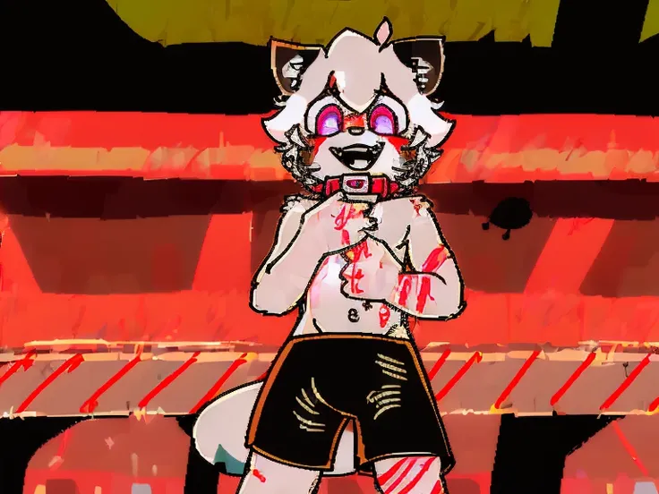 （4K，8k，best quality，meticulous details，DeliCate light，DeliCate short hair）Cat，white hair，There&#39;a bit strange，black shorts，Big blue striped tail，Shota，Covered with scars，Pink collar，crazy，in a subway station，Red filter