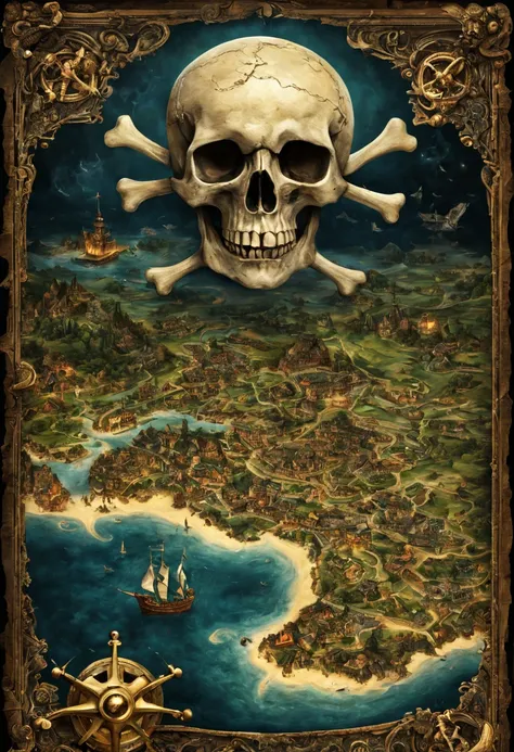 midnight moonlight landscape coming out of an ancient book of maps detailing towns, rivers, roads, dragons and treasure, entire map can be seen, pirates map, skull and crossbones, hyperdetailed hyper-realistic maximalist epic