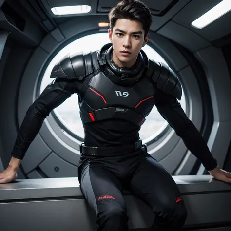 fking_scifi, black pilot suit with red accents, brown hair (gray eyes: 1.35), Thai guy, handsome teenager, rides man 1 more, bokeh, mass effect, long distance, fullbody image fking_cinema_v2