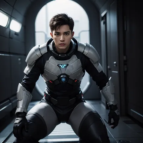 fking_scifi, black pilot suit with red accents, brown hair (gray eyes: 1.35), Thai guy, handsome teenager, rides man 1 more, bokeh, mass effect, long distance, fullbody image fking_cinema_v2