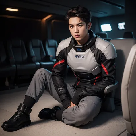 fking_scifi, black pilot suit with red accents, brown hair (gray eyes: 1.35), Thai guy, handsome teenager, sitdown on man 1 more, bokeh, mass effect, long distance, fullbody image fking_cinema_v2