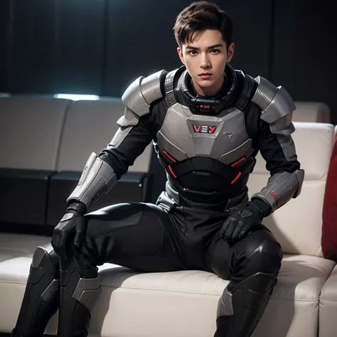 fking_scifi, black pilot suit with red accents, brown hair (gray eyes: 1.35), Thai guy, handsome teenager, sitdown on man 1 more, bokeh, mass effect, long distance, fullbody image fking_cinema_v2