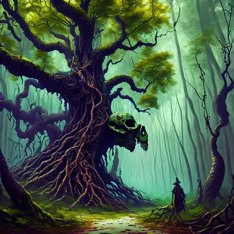 a monster,(((walking tree))),(tree monster),solo,moving twisted tree with skeletons,9 skulls buried in a tree trunk ,Ent,dead rotting skin on the face,detailed rotting peeling dead skin,chain,chain wrapped around a tree,full body view,(in the dark green fo...