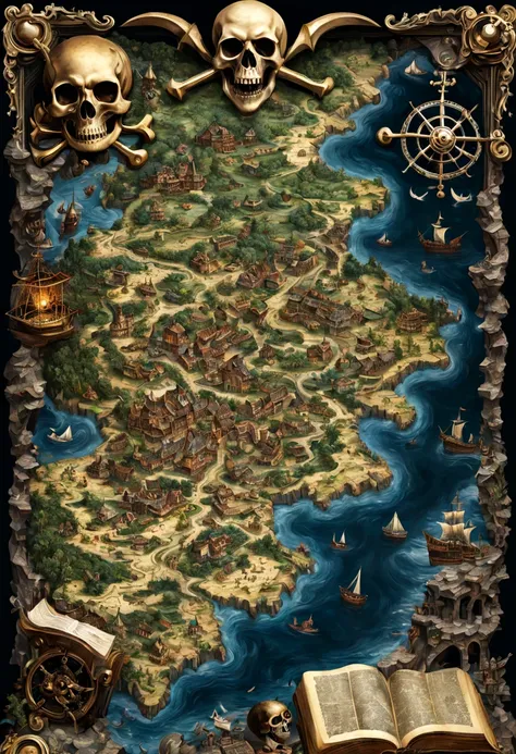 midnight moonlight landscape coming out of an ancient book of maps detailing towns, rivers, roads, dragons and treasure, entire map can be seen, pirates map, skull and crossbones, hyperdetailed hyper-realistic maximalist epic