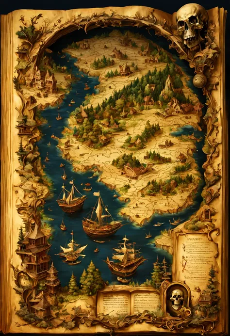 midnight moonlight landscape coming out of an ancient book of maps detailing towns, rivers, roads, dragons and treasure, entire map can be seen, pirates map, skull and crossbones, hyperdetailed hyper-realistic maximalist epic