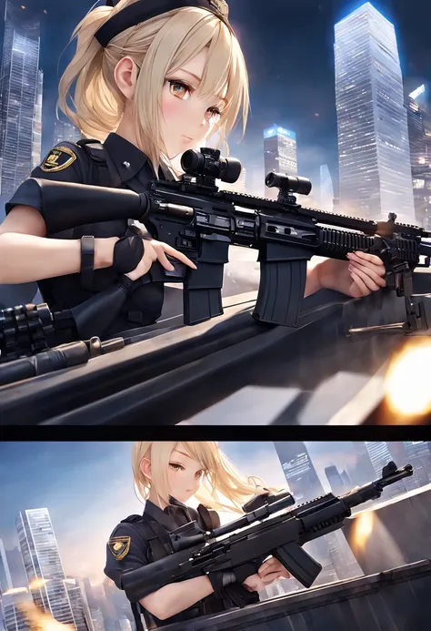 (Trained female soldiers)、((Aim and fire your rifle:1.4、Sniper stance:1.2、guns、h&K HK416))、1 Women、thick body、(Black combat uniform)、(platinum-blonde-hair:1.2)、((超A high resolution))、Detail Write、​masterpiece、top-quality、extremely details CG、8K picture qua...