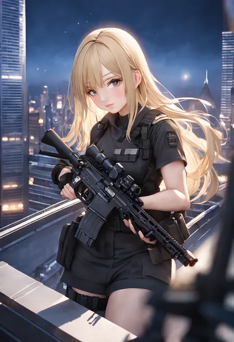 (trained female soldiers)、((aim and fire your rifle:1.4、sniper stance:1.2、guns、h&k hk416))、1 women、thick body、(black combat unif...