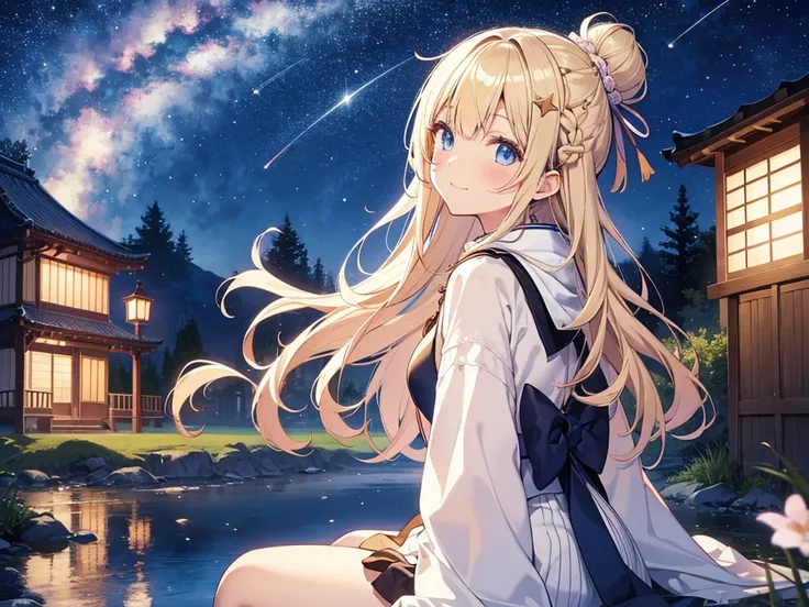 (masterpiece)++,(sweet illustration)+,detailed gradient eyes,outdoors, milky way galaxy, Beautiful scenery, reflection water surface, Moonlight, high resolution, night view, 
1girl, sitting, kimono, cape, fluffy beanie, from back, looking at viewer, medium...