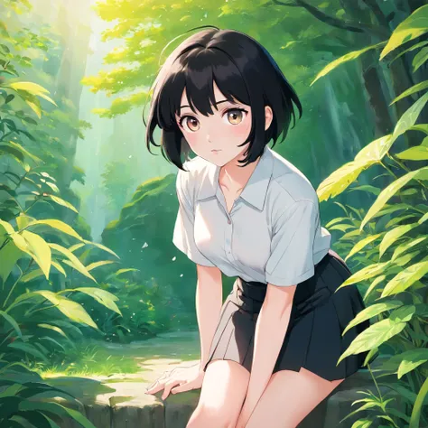 a sexy anime woman, pale skin color, short haircut, black hair color, white eyes, wearing a white shirt, black skirt