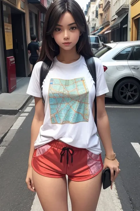 A beautiful girl on the street wearing a tight T-shirt and shorts with a map printed on it.