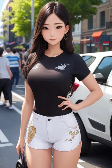 A beautiful girl on the street wearing a tight body fitted T-shirt and shorts with a map printed on it.