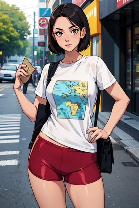 A beautiful girl on the street wearing a tight body fitted T-shirt and shorts with a map printed on it.