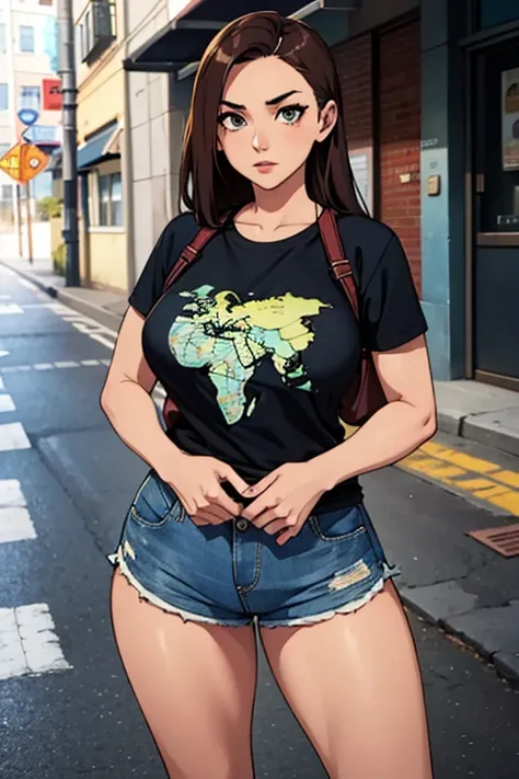 A beautiful girl on the street wearing a tight body fitted T-shirt and shorts with a map printed on it.