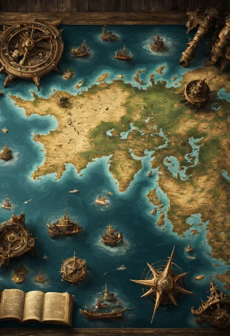 Map on table with sea and oceans one part is missing in the map are draped monsters And one treasure. Epic cinematic brilliant stunning intricate meticulously detailed dramatic atmospheric maximalist digital matte painting