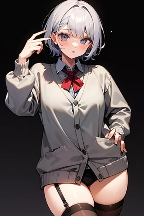 1 girl、black background、short hair、gray hair、cardigan、Garter Socks