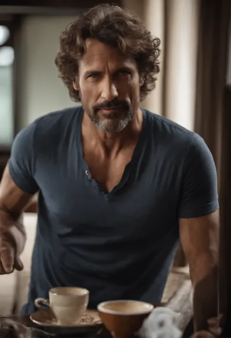 47 year old man, with medium size, brown curly hair, with a medium size, barba canosa, good physique, drink coffee, tshirt black