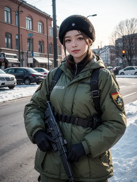 there are two women in uniform smiling and holding a rifle, a picture by Béla Kondor, tumblr, socialist realism, infantry girls, russian army infantry soldiers, russian national guard, anna nikonova, infantry girl, soviet military, soldiers, military girl,...