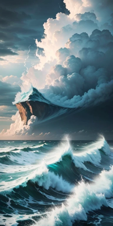 Picture of a scenery: a storm brings clouds and swirls and the sea is raging.