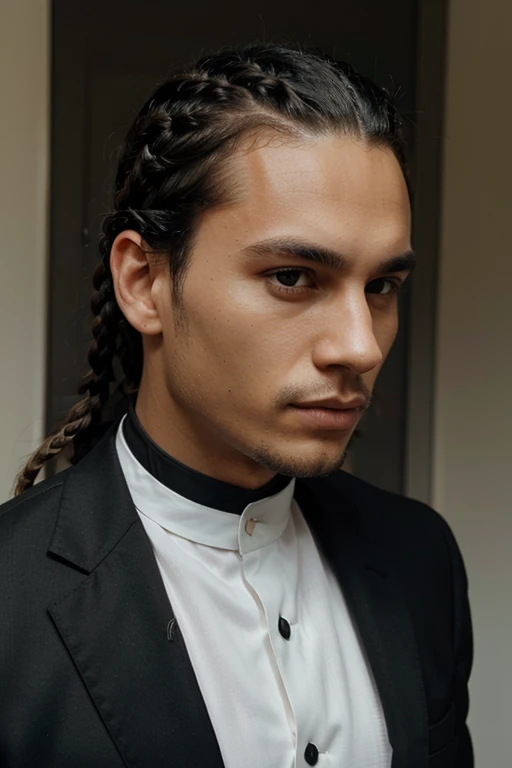 man with full black suite and cornrow hair style