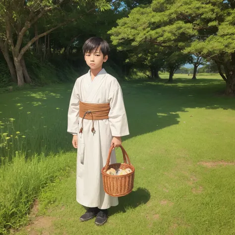  High resolution, Super detailed, masterpiece, highest quality,oriental、boy、boy working in the field、grassland、Basket Bag、Wearing traditional Japanese costumes、game poster、alone、