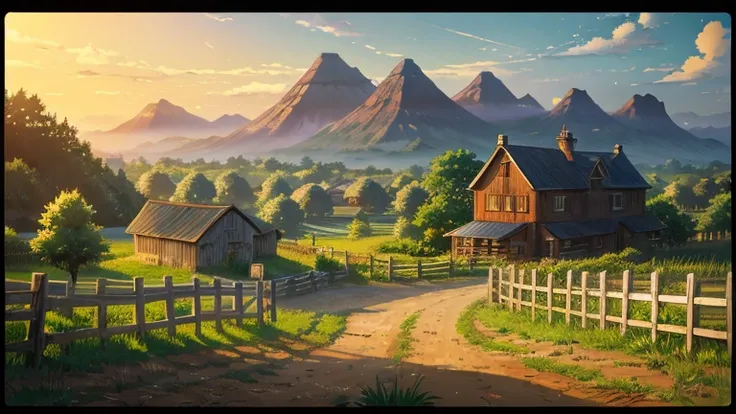 anime scenery of a farm with a fence and a house, Concept art inspired by Makoto Shinkai, pixiv, digital art, anime countryside landscape, anime scenery, anime background art, anime scenery, beautiful anime scenery, anime movie background, anime background...