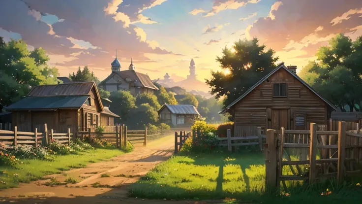 anime scenery of a farm with a fence and a house, Concept art inspired by Makoto Shinkai, pixiv, digital art, anime countryside landscape, anime scenery, anime background art, anime scenery, beautiful anime scenery, anime movie background, anime background...