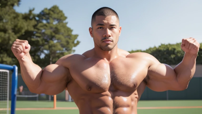 (Highly detailed 8K wallpaper), asian man, muscle worship, fold your arms, On the playground, baseball uniform, high detail, very short hair, skin head, Circular cut, very large and strong body, bulging muscles, muscular, very large pectoral muscles. Very ...