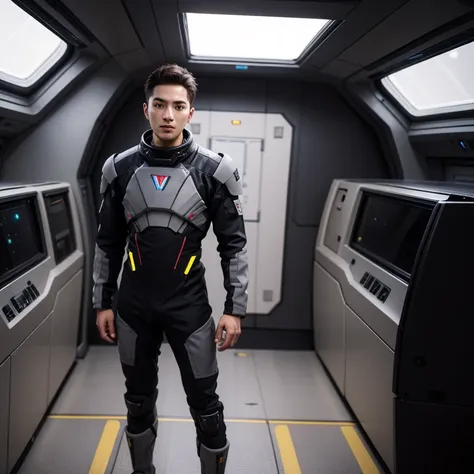 fking_scifi Black pilot suit with yellow accents, brown hair (gray eyes: 1.35), Man Thai, young, handsome, standing in front of a window on a spaceship, 80mm, bokeh, mass effect, long distance,full body, fking_cinema_v2