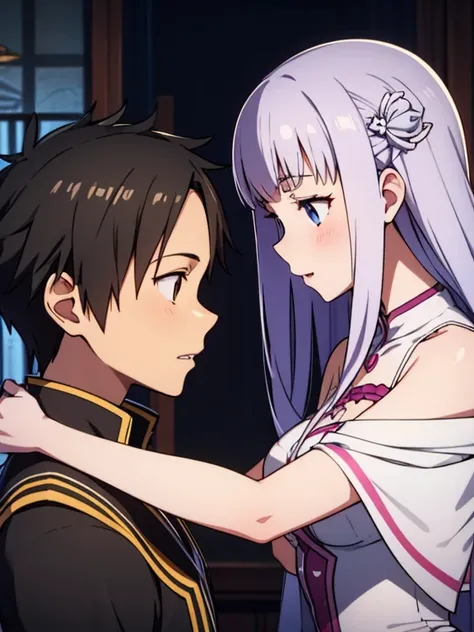 (Boy and girl kissing each other) , (emilia, re zero, white long hair girl), (kirito, sword art online, black short hair boy)