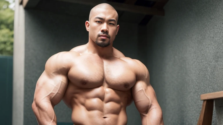 (Highly detailed 8K wallpaper), asian man, muscle worship, fold your arms, On the playground, baseball uniform, high detail, very short hair, skin head, Circular cut, very large and strong body, bulging muscles, muscular, very large pectoral muscles. Very ...