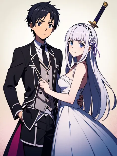 (Boy and girl get maried) , (emilia, re zero, white long hair girl), (kirito, sword art online, black short hair boy)