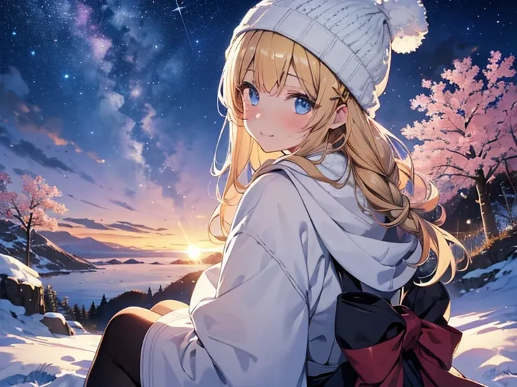 (masterpiece)++,(sweet illustration)+,detailed gradient eyes, outdoors, milky way galaxy, Beautiful scenery, Moonlight, high resolution, winter mountain,
((1girl)), sitting, kimono, WHITE MUFFLER, duffel coat, ROBE, (fluffy, beanie), from back, looking at ...