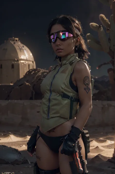 (1girl), ((desert combat outfit, holding weapon, tactical goggles, bullet vest, half dressed:1.4)), ((small Breasts, rounded breasts:1.3)), ((big chest, wide hips, belly, narrow waist, curved waist:1.2)), ((slim, skinny waist, slender, skinny stomach:1.2))...