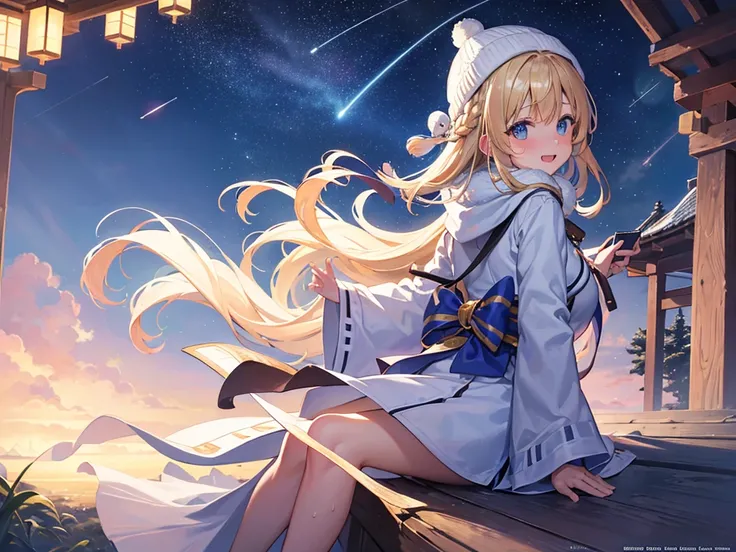 (masterpiece)++,(sweet illustration)+,detailed gradient eyes, outdoors, milky way galaxy, Beautiful scenery, Moonlight, high resolution, winter mountain,
1girl, sitting, Taisho clothes, WHITE MUFFLER, duffel coat, ROBE, (fluffy, beanie), from back, looking...