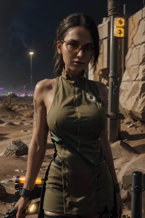 (1girl), ((city combat outfit, holding gun, tactical glasses, bullet vest, half dress: 1.4)), ((large breasts, round breasts: 1.3)), ((accentuated chest, wide hips, belly, narrow waist, curved waist: 1,2)), ((thin and thin waist, slender and thin belly: 1,...