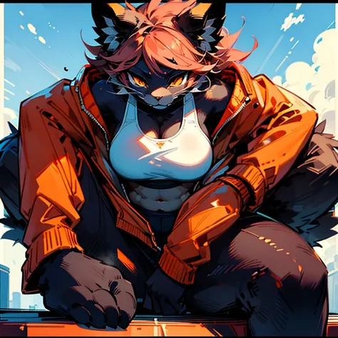 (masterpiece), best quality, expressive eyes, perfect face, fur, tiger，girl, B cup breasts, orange eyes, orange cardigan jacket, white body, Black sports bra, horizontal perspective, sitting, 4 fingers , 4 toes，black skin，Black fur，Big breasts