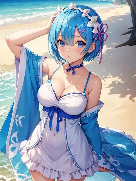 masterpiece, highest quality, Super detailed ,Rem,Re:zero,blue hair girl on the beach, cute face,cute,attractive女の子,short hair,  beautiful girl. detailed digital art, smooth CG art, Japanese clothing,Ryukyu tribe,attractive女の子, armpit, cute pose, beautiful...