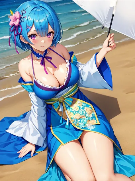 masterpiece, highest quality, Super detailed ,Rem,Re:zero,blue hair girl on the beach, cute face,cute,attractive女の子,short hair,  beautiful girl. detailed digital art, smooth CG art, Japanese clothing,Ryukyu tribe,attractive女の子, armpit, cute pose, beautiful...