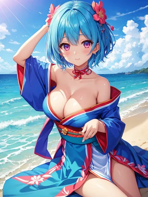 masterpiece, highest quality, Super detailed ,Againm,Again:zero,blue hair girl on the beach, cute face,cute,Charm女の子,short hair,  beautiful girl. detailed digital art, smooth CG art, kimono,Ryukyu tribe,Charm女の子, armpit, cute pose, beautiful breasts,big br...