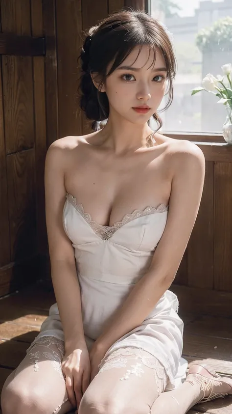 Super large breasts，split，(top quality, 8k, masterpiece:1.3), beautiful woman, 1 female, 超big breasts:1.3, slender figure:1.1, (sauna, wet), ( (Big white towel dress，Strapless):1.3, Have detailed faces, Detailed lips, delicate eyes, (bun, Single braid,), s...