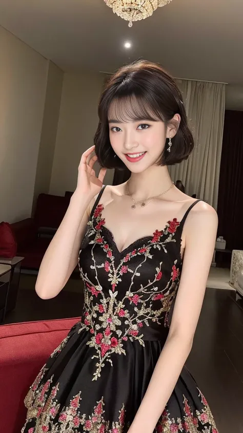 Best quality, high resolution, masterpiece: 1.3), a tall and beautiful woman, (dark brown short hair: 1.2), wearing pendant, pouf dress, black and red wedding dress fashion dress design "haute couture" fairy charming fantasy fantastic theme black embroider...