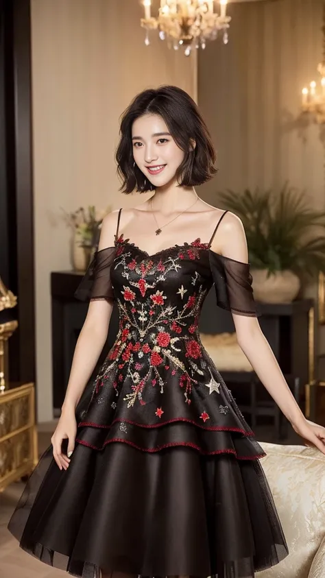 Best quality, high resolution, masterpiece: 1.3), a tall and beautiful woman, (dark brown short hair: 1.2), wearing pendant, pouf dress, black and red wedding dress fashion dress design "haute couture" fairy charming fantasy fantastic theme black embroider...